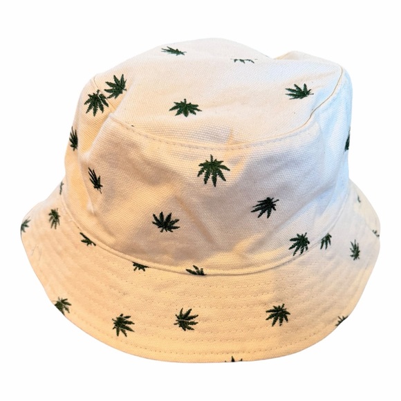 White Embroidered Leaf Bucket Hat Cotton Summer Festival Streetwear Cap B - Picture 3 of 4